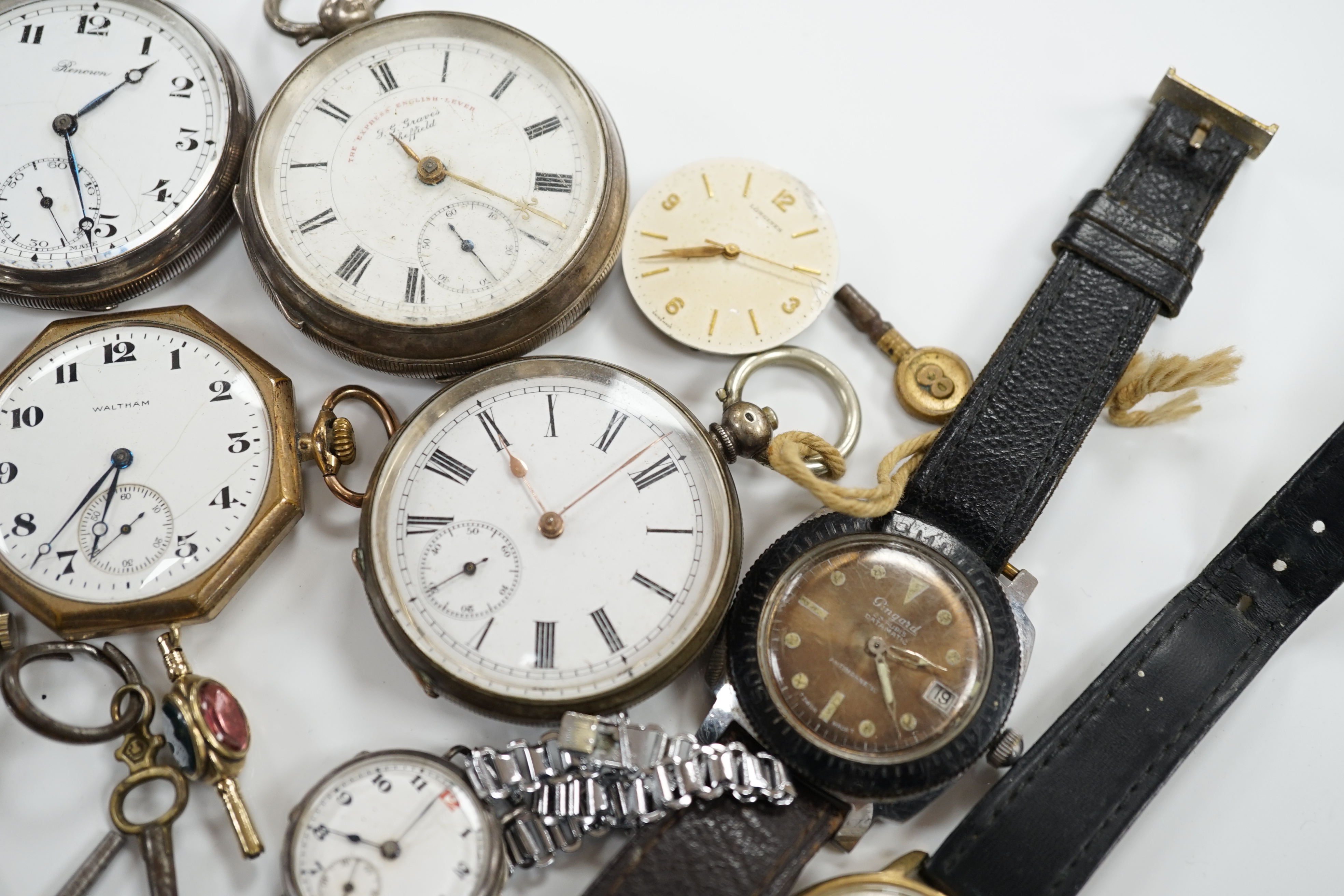 A small group of assorted pocket watches including silver and wrist watches including movements.